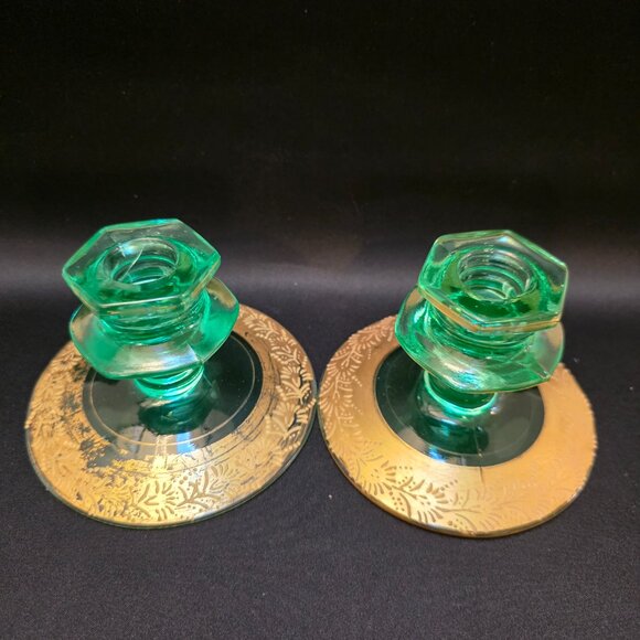 VTG Pair of Uranium Green Depression Glass Geometric Hexagon Taper Candle Holder - Picture 5 of 9